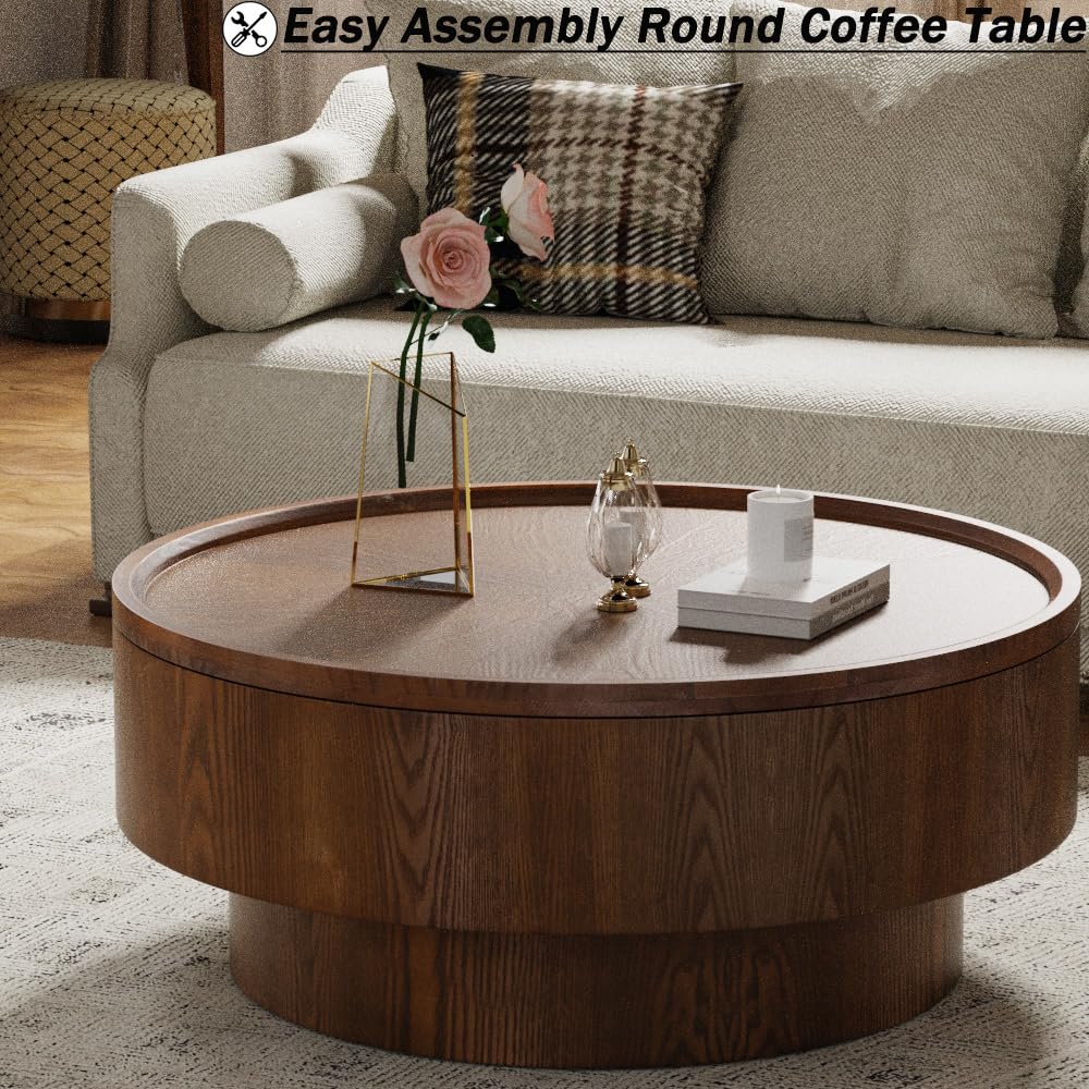 Table basse ronde de 78 cm avec rangement, design moderne de luxe, finition grain de bois, assemblage facile pour le salon