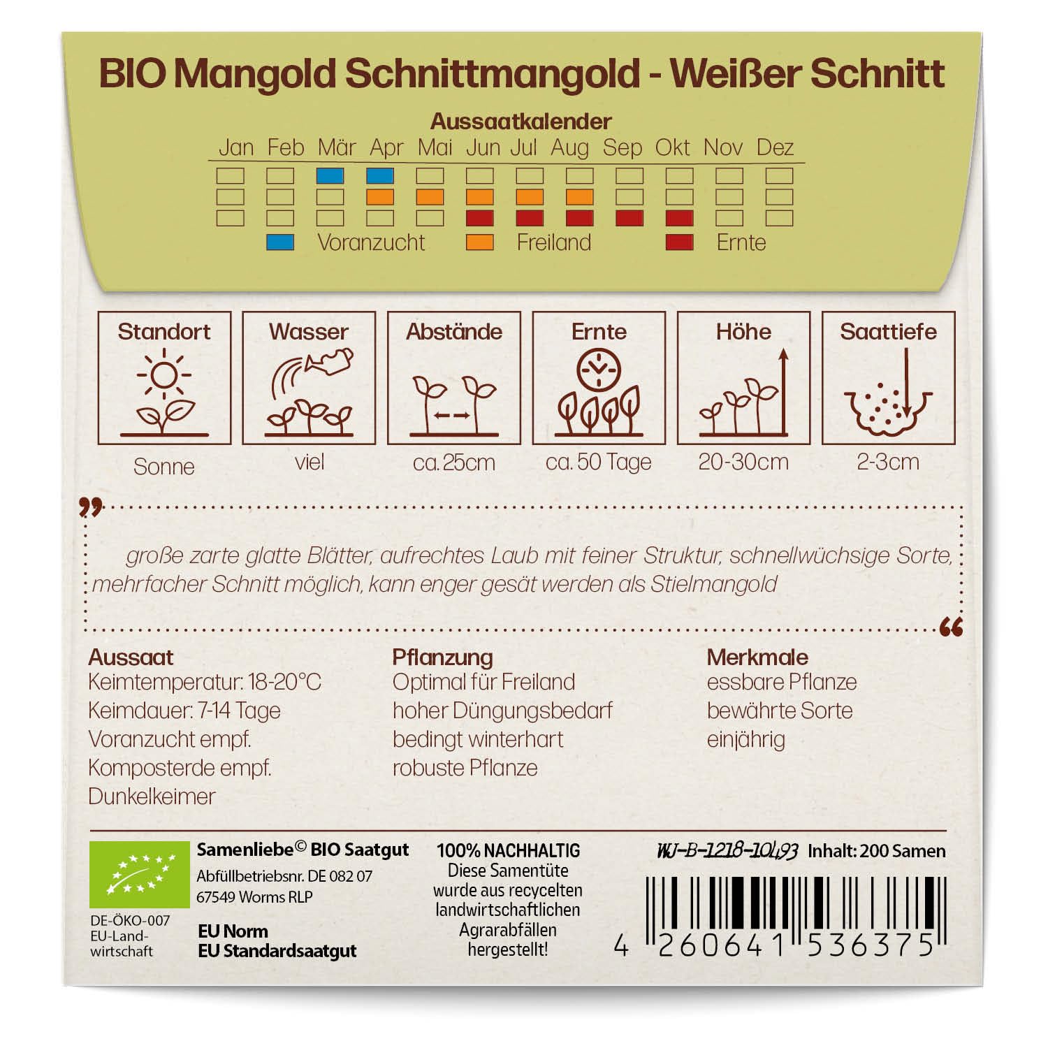 BIO Schnittmangold Samen "Weißer Schnitt" | Samenfest, Winterhart | 200 Samen Für Garten, Balkon & Hochbeet