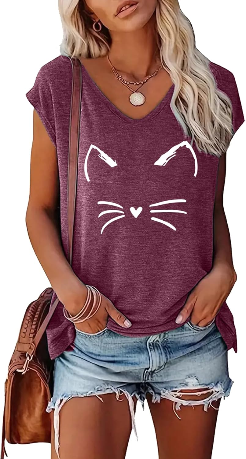 BLACKOO Women’s Cat Face Graphic V-Neck T-Shirt Cap Sleeve Tops