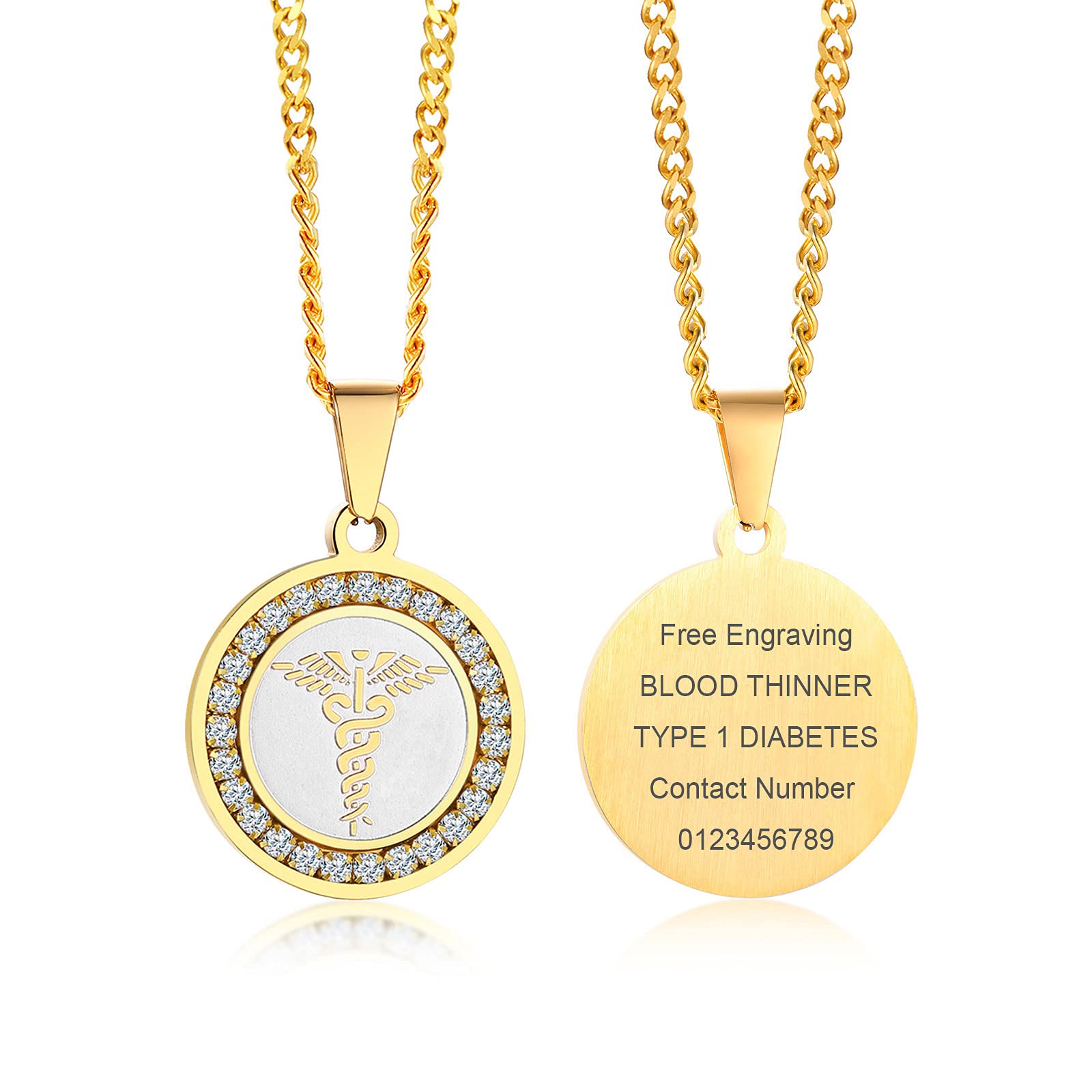 VNOX Personalized Custom Engraving Stainless Steel Emergency Medical Alert ID Dog Tag Pendant Necklace for Men Women