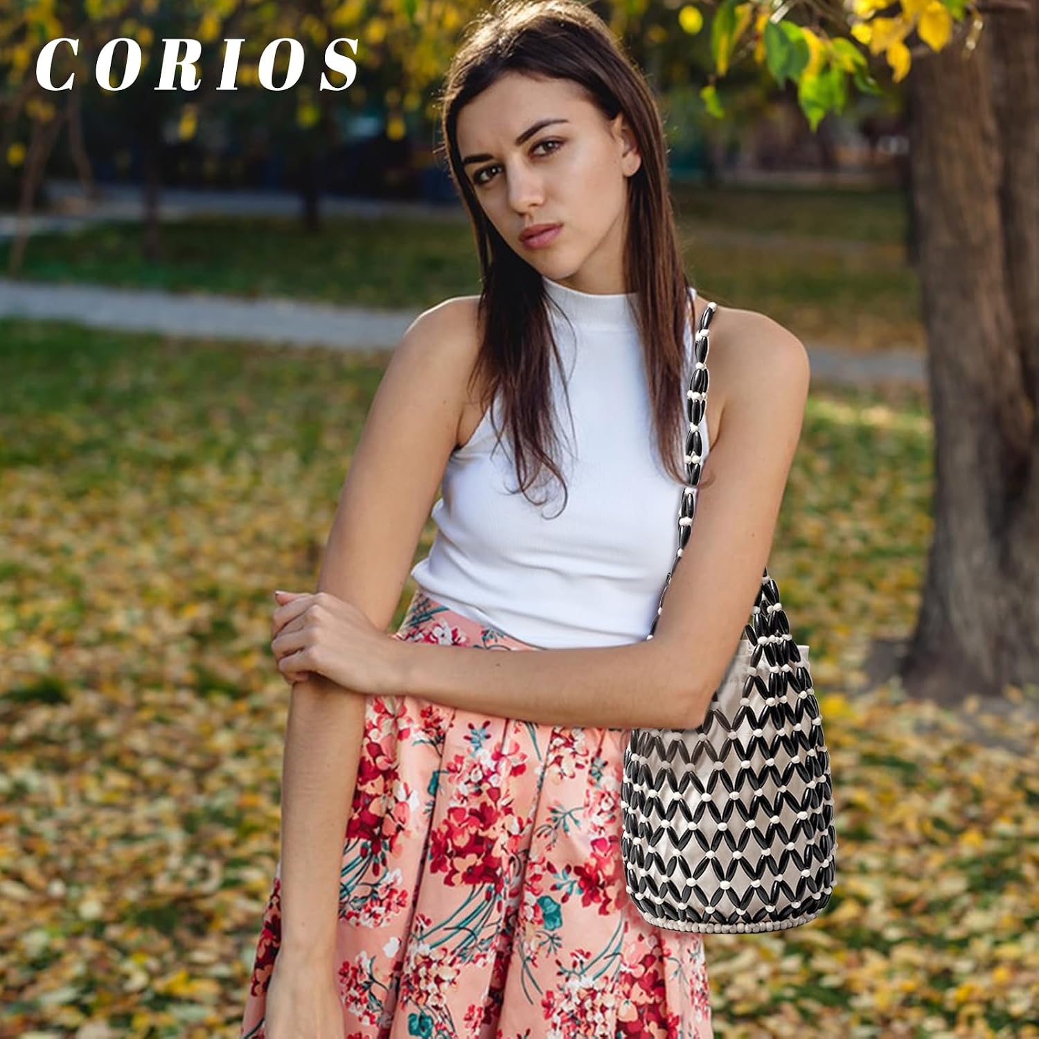CORIOS Handmade Woven Bucket Bag Drawstring Handbag for Women Summer Beach Bag Bohemian Clutch Bag Retro Top-handle Bag