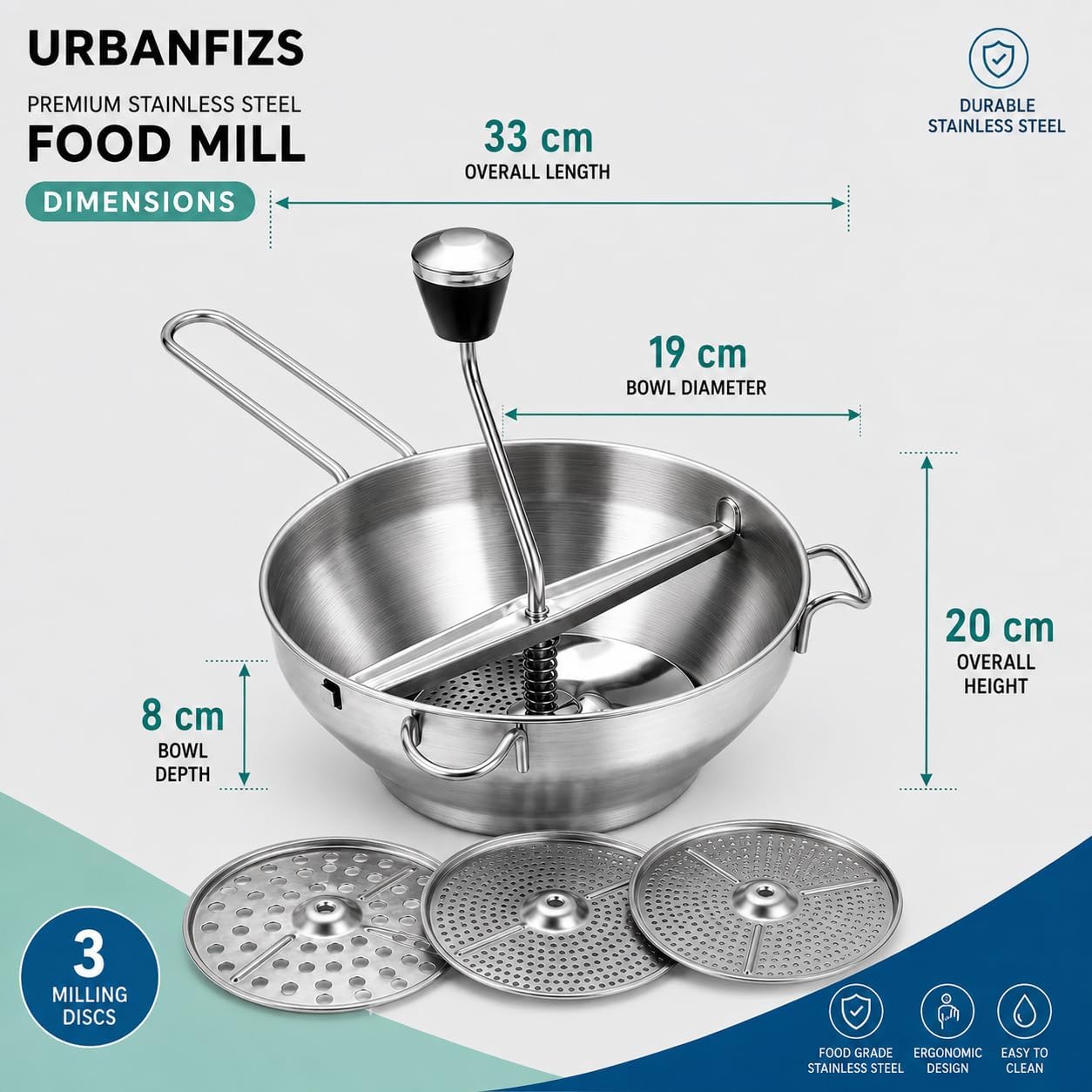 Stainless Steel Food Mill with 3 Milling Discs, Baby Food Puree Maker, Tomato Sauce Maker, Potato Masher and Food Press for Home Cooking and Canning