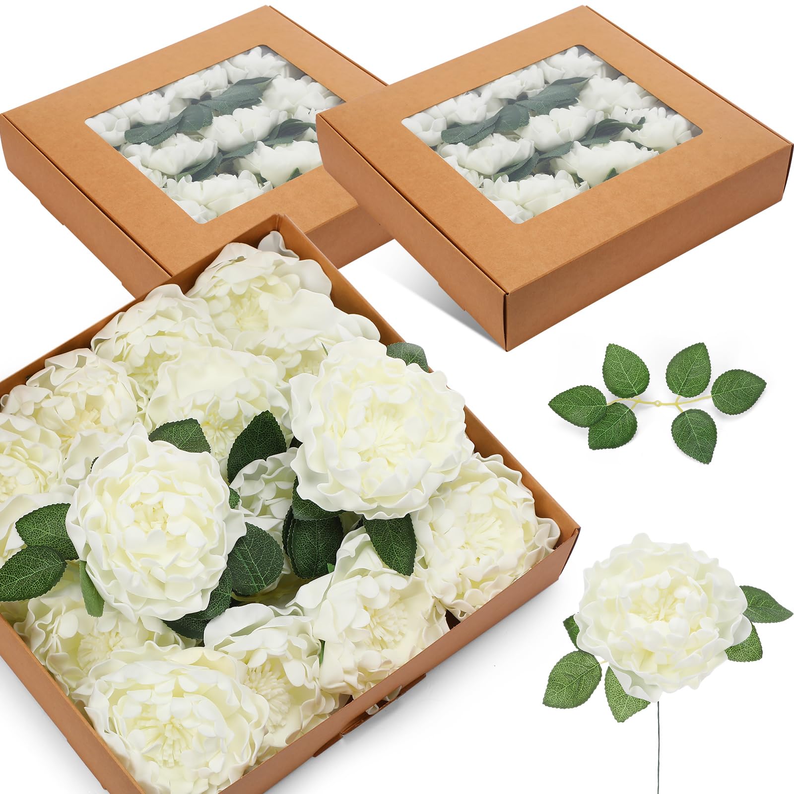 Zeyune 48 Pcs Peony Artificial Flowers, 4'' White Fake Flower Heads Cream Faux Foam Flowers with Stems for DIY Wedding Bouquet Centerpieces for Party Tables Home Decorations Arrangements Bouquets