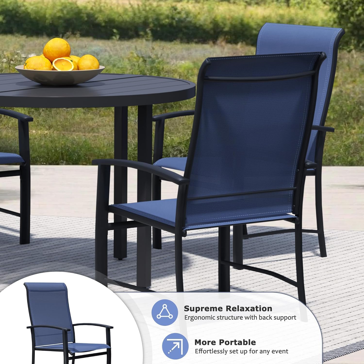 5 Piece Outdoor Patio Dining Set for 4, 42" Black Round Metal Table with 4 Blue Chairs, All-Weather Outdoor Furniture Set for Backyard, Lawn, Deck, or Poolside