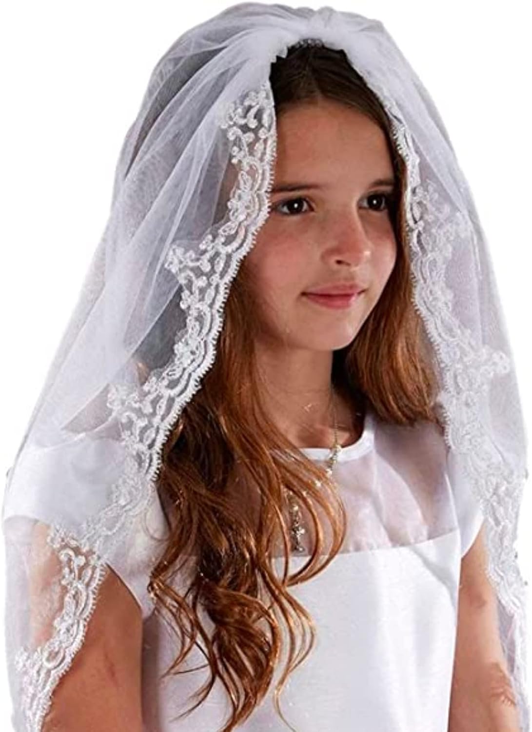 Sacred Traditions Girls Tulle Lace Edge Mantilla First Communion Veil, White, 36 Inch