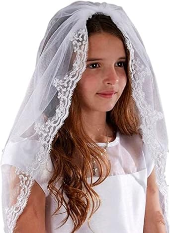 Sacred Traditions Girls Tulle Lace Edge Mantilla First Communion Veil, White, 36 Inch