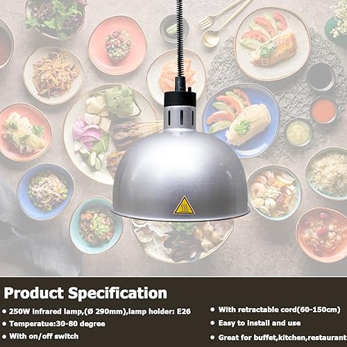 Miniatura 2 de Lámpara colgante de calor para alimentos, calentador infrarrojo, luz de calefacción para freír 250 W con cable retráctil (colgante, diámetro 11.4 in