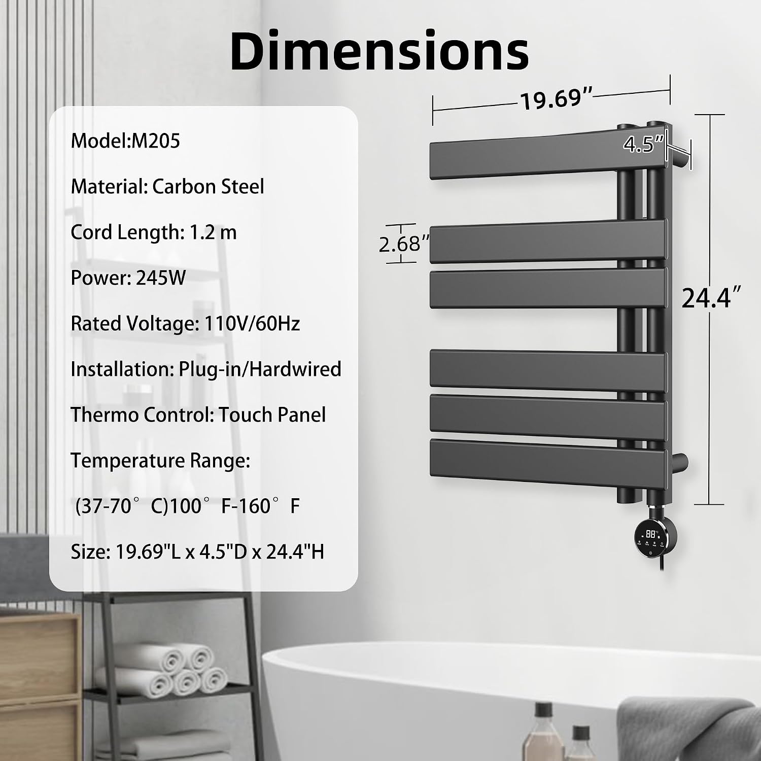 P&Dlusir Electric Towel Warmer, Heated Towel Rack with Touch Panel, Plug-in, Flat 8 Bar Towel Warmer, 6 Level Heating & 4 Modes Timer, Matte Black, H19.69 x W19.69