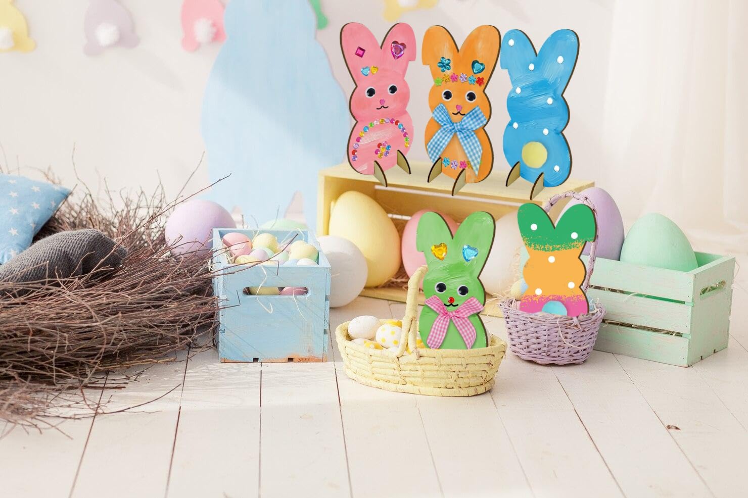 LIJUGITF Easter Crafts for Kids Adults, Wooden Bunny Art and Crafts Painting Kit, 12 Pack Unfinished Wood Bunny Cutouts for Spring Party Activities, Easter Basket Stuffers for Spring Home Decorations