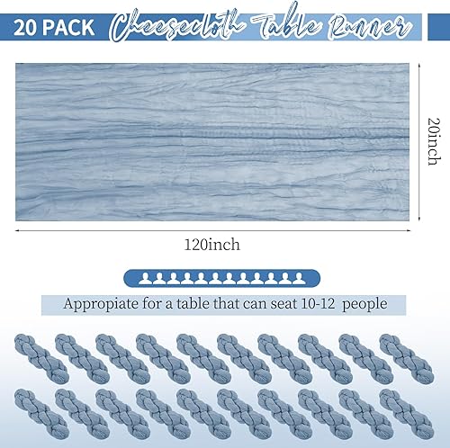 Miniatura 2 de Paquete de 20 caminos de mesa color azul polvoriento, camino de mesa de gasa de 10 pies, camino de mesa bohemio de tela de queso, romántico, largo,