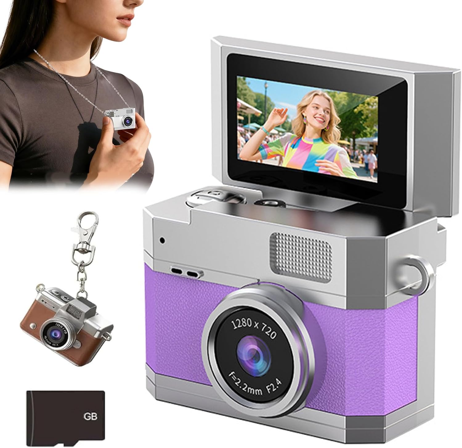 2026 New Mini Digital Camera with 1.47 in LCD Screen 1080p, Mini Keychain Retro Camera, with 32/64GB Card, Flip Screen, Built-in Flash, Strap and Keychain, for Travel & Daily Use (32G,Purple)