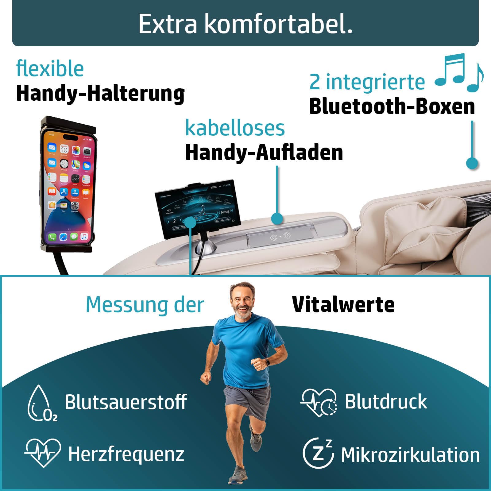 Massagesessel Relaxsessel YUNA | 60 Massageprogramme | deutsche Bediensprache | Zero Gravity-Funktion | 3D-Massagetechnologie Ganzkörpermassage + Wärmefunktion | Vitalwertmessung | Weiß