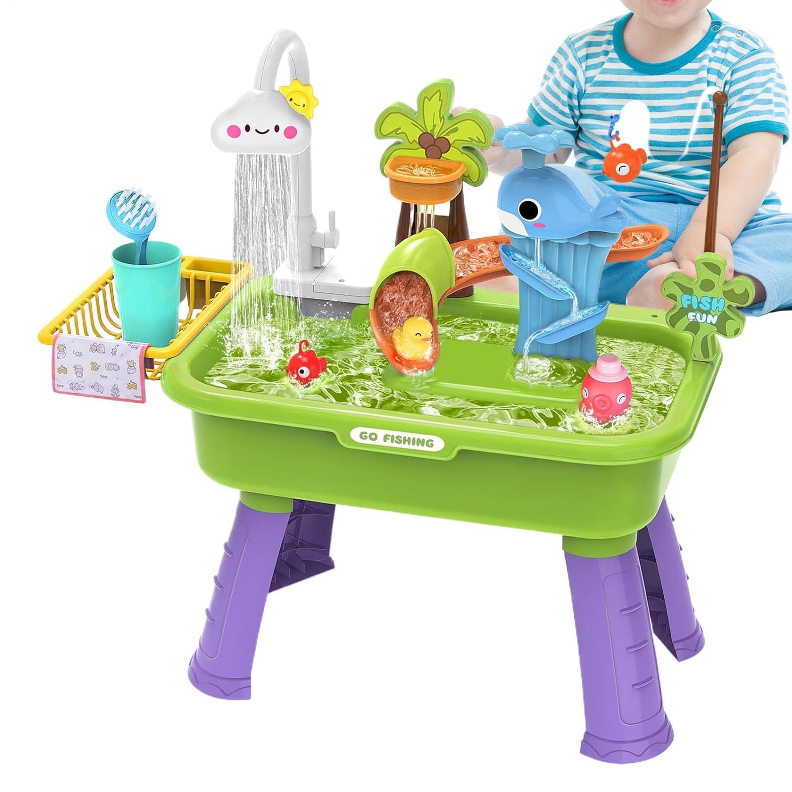 Play Sink With Running Water, 4-in-1 Kitchen Sink Toy With Electric Faucet, Sensory Water Table With Fishing Game, Dishwasher Role Play Set For Kids 3+ Years Old