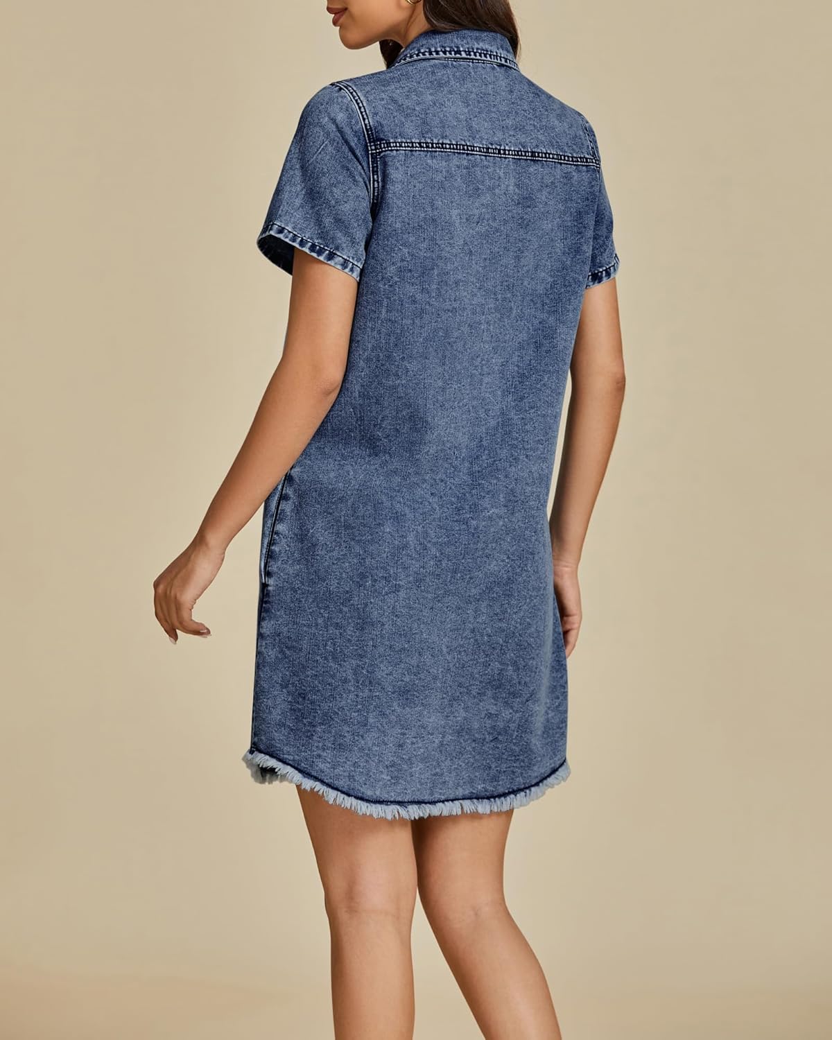 luvamia Denim Dresses for Women Distressed Summer Short Sleeve Button Down Collared Raw Hem Jean Shirt Dress with Pocket - Image 3