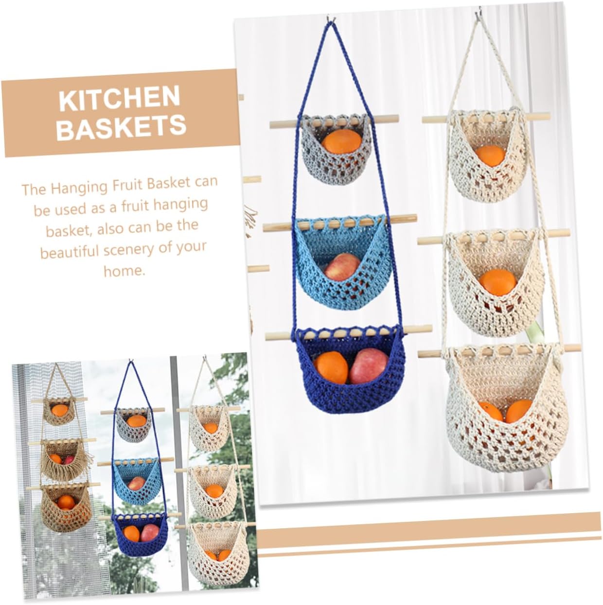 3-Tier Hanging Fruit and Vegetable Basket Handmade Cotton Rope Woven Kitchen Storage Organizer Wall-Mounted Produce Holder for Home and Kitchen