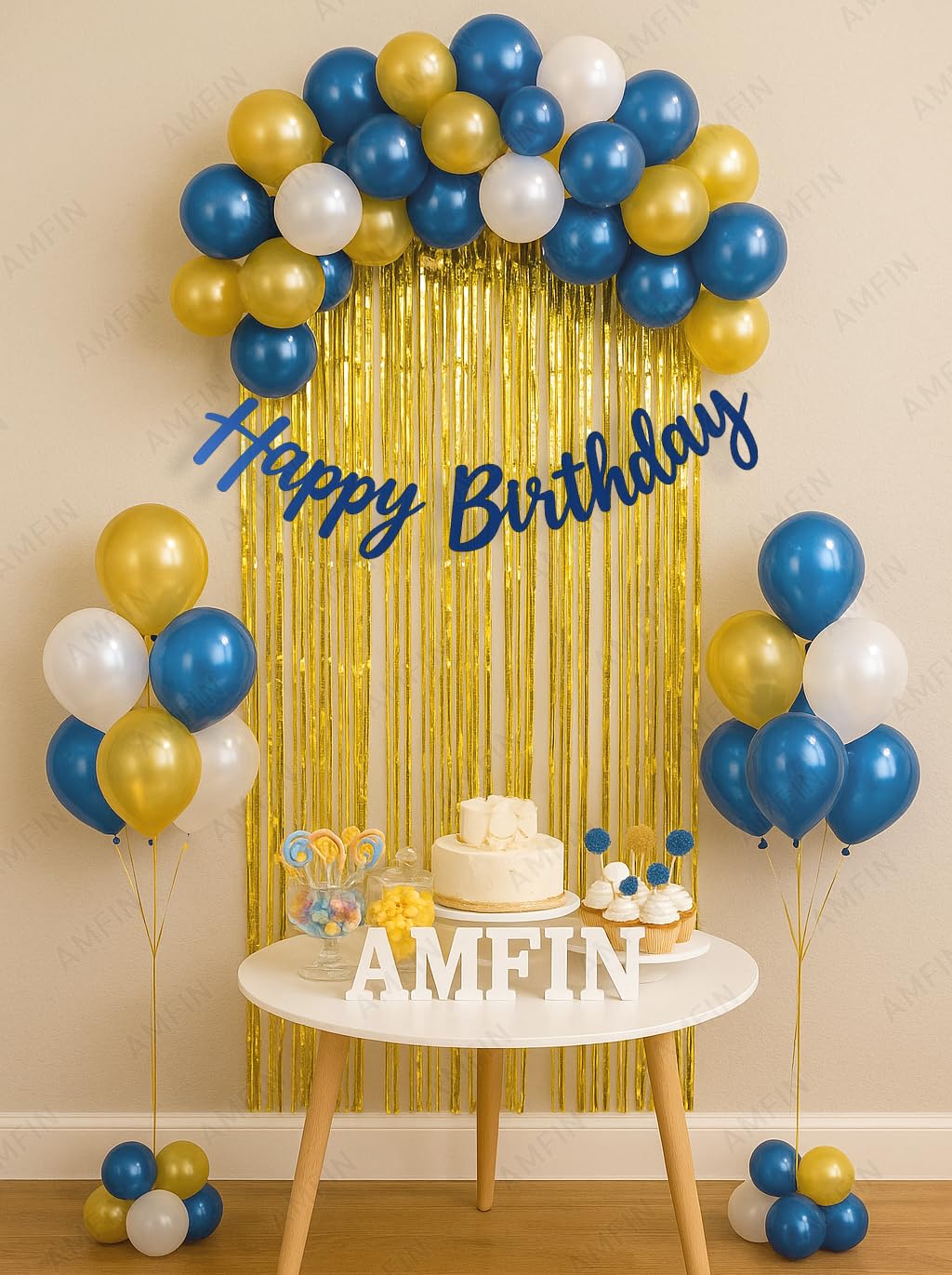 AMFIN (Pack of 34) Backdrop Bliss Birthday Decoration DIY Kit with Balloons, Fringe Curtain and Banner – Dark Blue, Gold & White