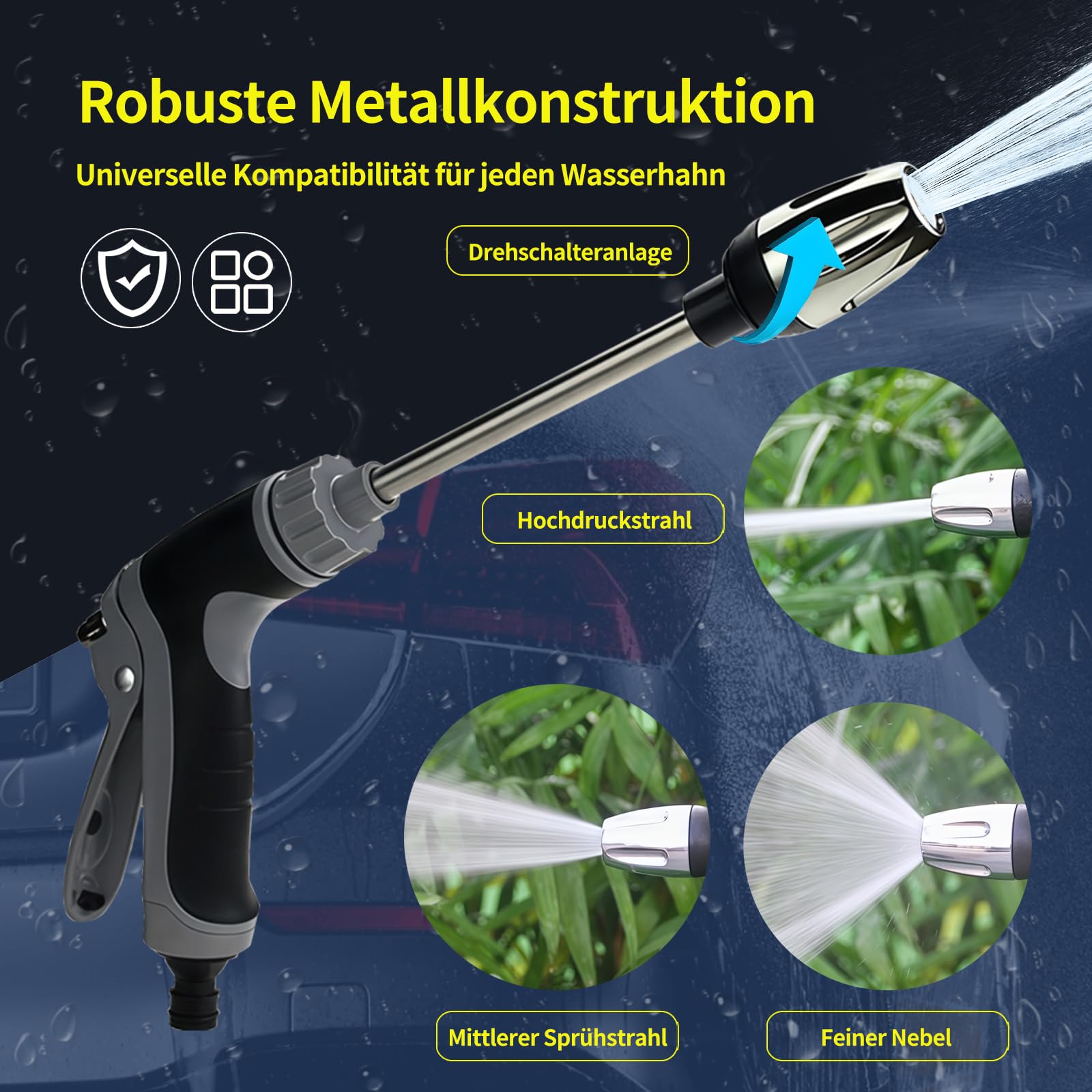 Power Jet Pistolet à haute pression Set de tuyau de jardin, nettoyeur haute pression avec adaptateur en laiton, 3 modes de pulvérisation