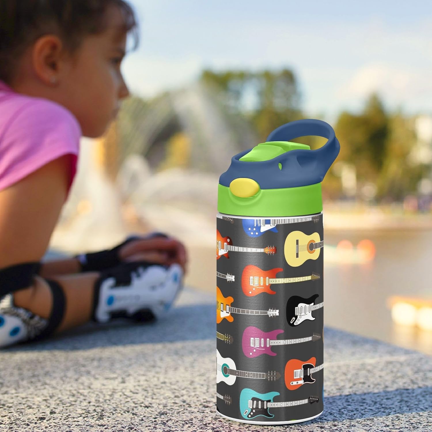 Small Water Bottle for Kid 12oz Colorful Guitars Insulated Bottles with Straw Lid Stainless Steel Tumbler Vacuum Cup Thermal Bottles