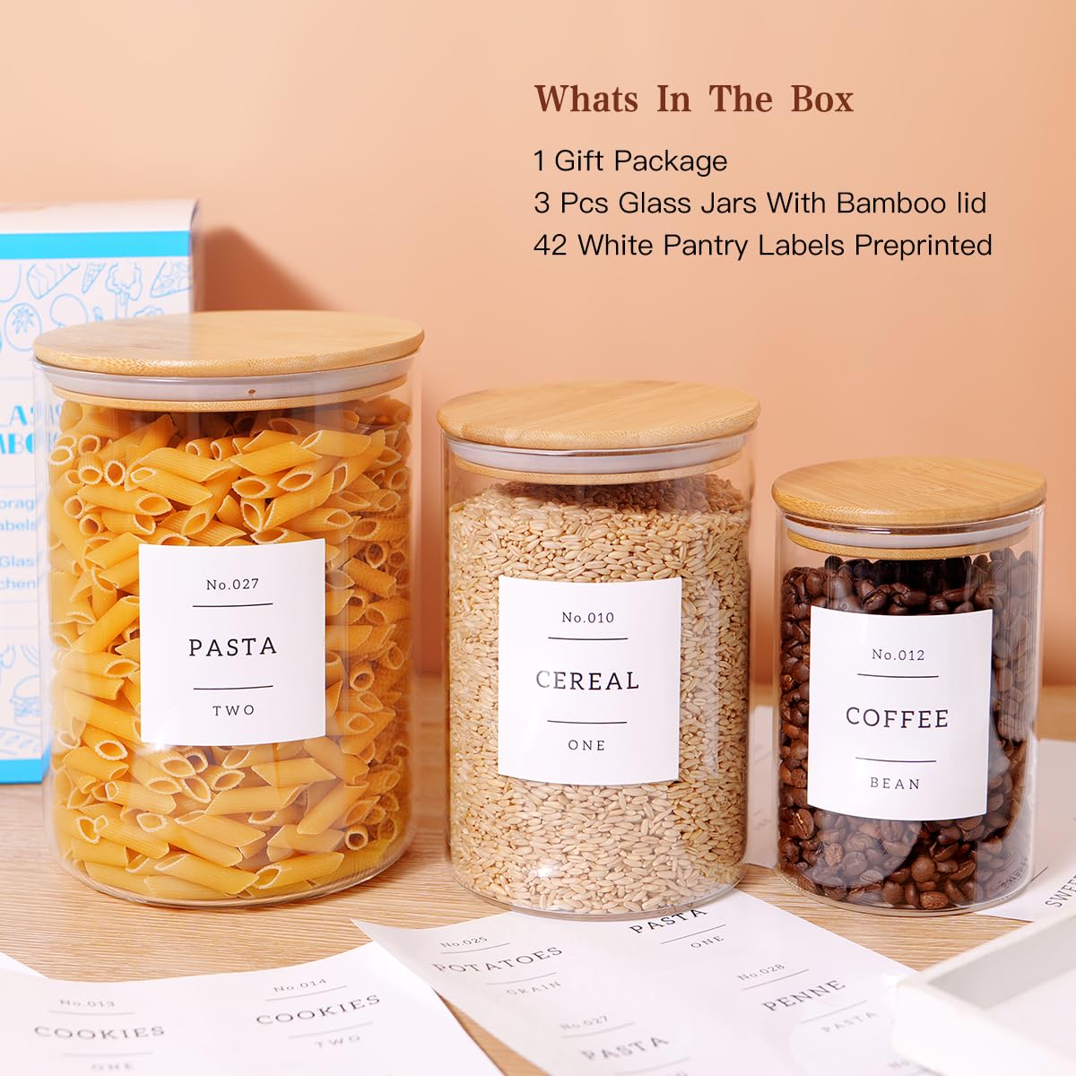 3 botes de vidrio con tapas herméticas de bambú y 42 etiquetas de despensa de cocina preimpresas, juego de recipientes de almacenamiento de harina y azúcar de vidrio transparente, tarros de vidrio