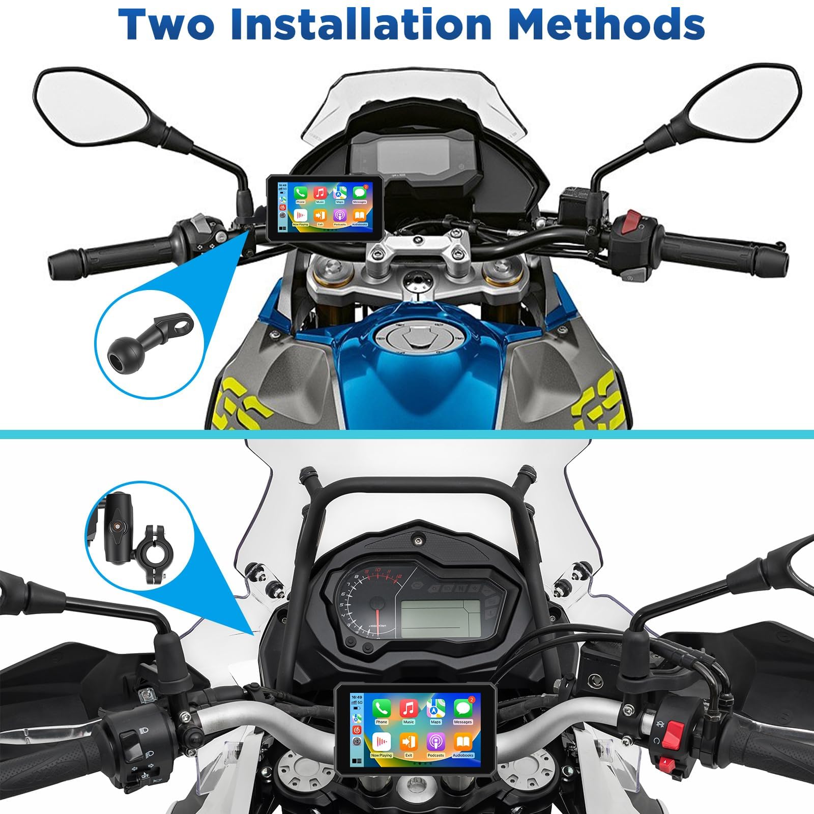 5 Zoll Carplay Motorrad mit kabellosem CarPlay und Android Auto, IP67 Wasserdicht, Reifendrucküberwachung, GPS Navigation und Sprachsteuerung – Für Alle Motorräder Geeignet