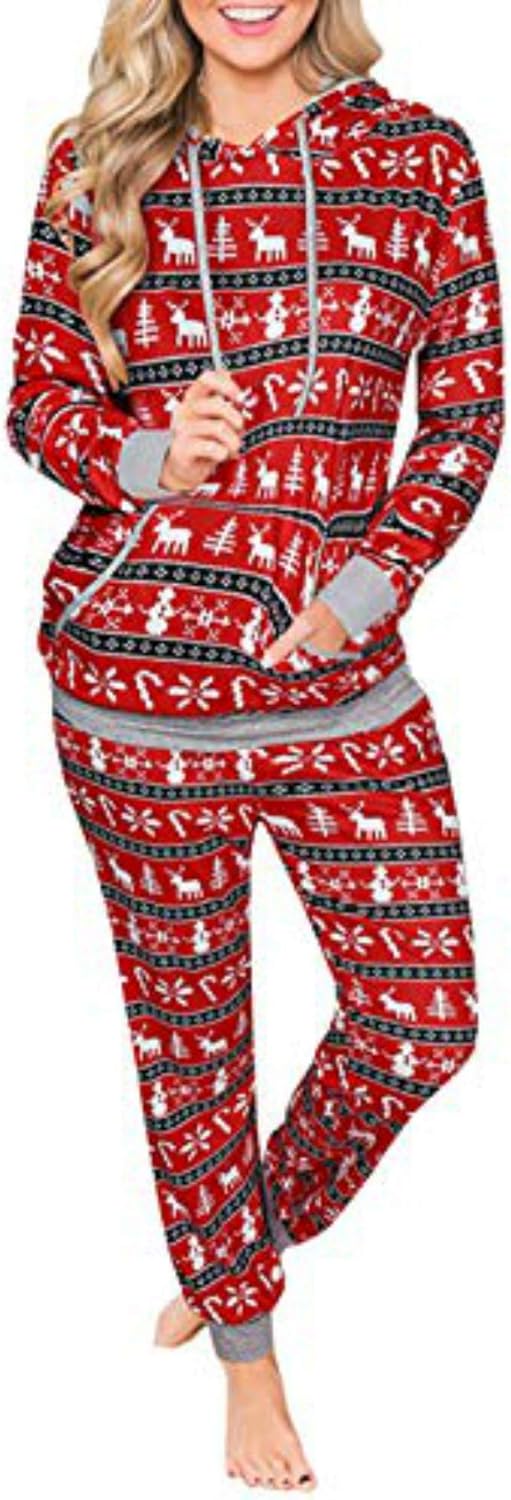 2020 Women Christmas Plaid Print Pants Hoodie Suit Round Neck Pullovers