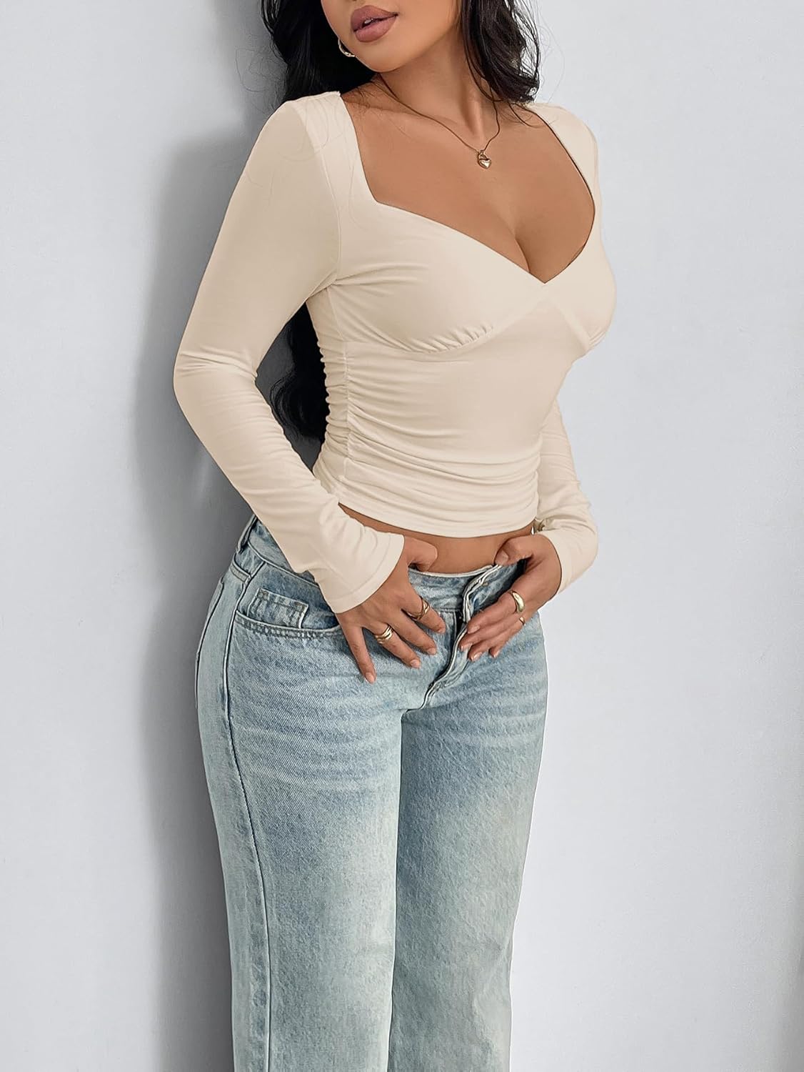 Women's Sexy Deep V Neck Tops Summer 2026 Long Sleeve T-Shirt Slim Fitted Solid Y2K Going Out T Shirts Top Y54 - Image 5