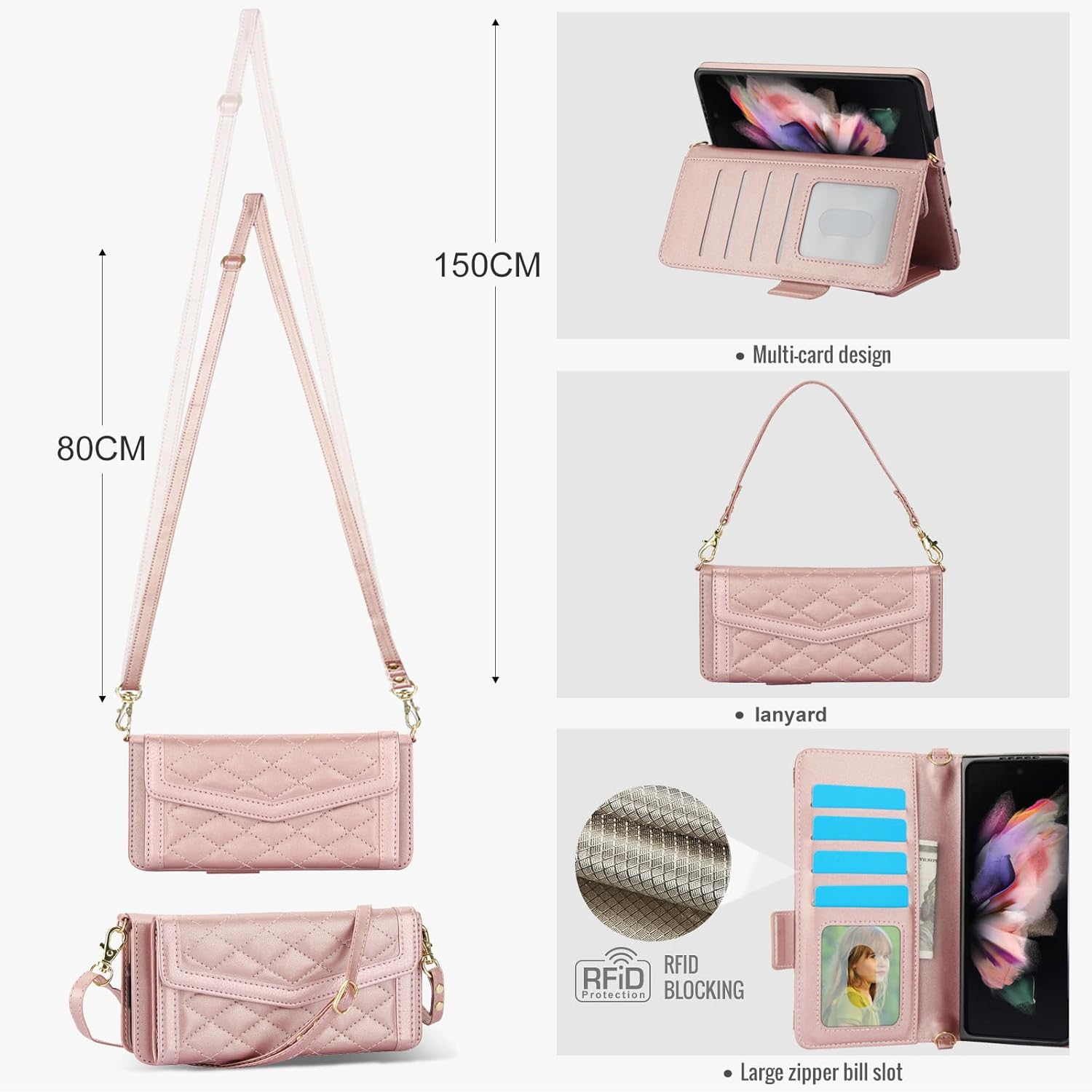 Asuwish Phone Case for Samsung Galaxy Z Fold 3 5G 2021 Wallet Cell Cover with RFID Blocking Credit Card Holder Slot Shoulder Crossbody Strap Stand ZFold3 Z3 Fold3 3Z ZFold35G Women Men Girls Rose Gold