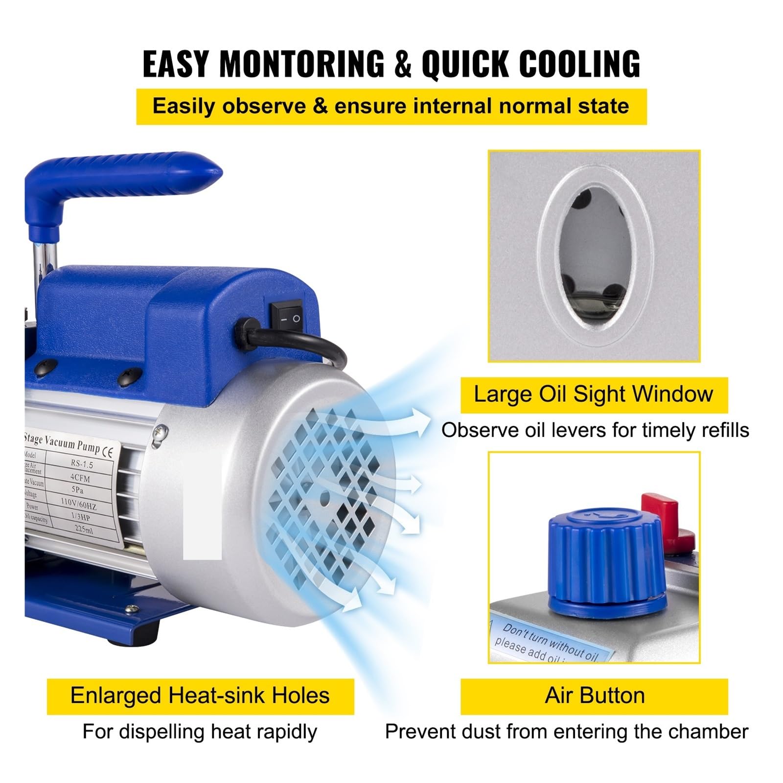 Vakuumpumpe, Vakuumpumpe, 4CFM 1/3 PS HVAC-Kältemittel-Vakuumpumpenkühlung mit Vakuumkammer-Entgasungsset for Haushaltsklimaanlagen