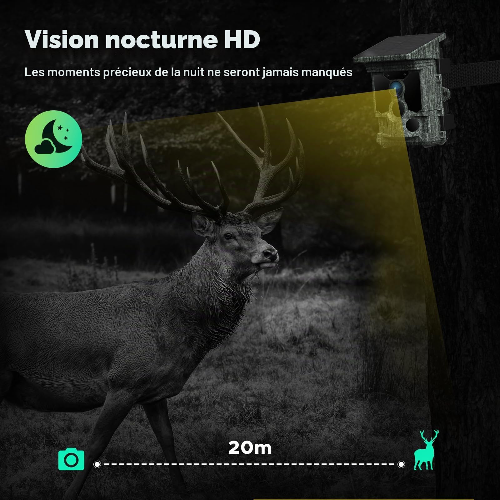 Caméra de Chasse WiFi Solaire 4K 30 i/s 46MP, Bluetooth, App | Déclenchement 0,1 s, détection 120°, vision nocturne 20 m et IP66 pour passages de gibier, agrainoirs et observation