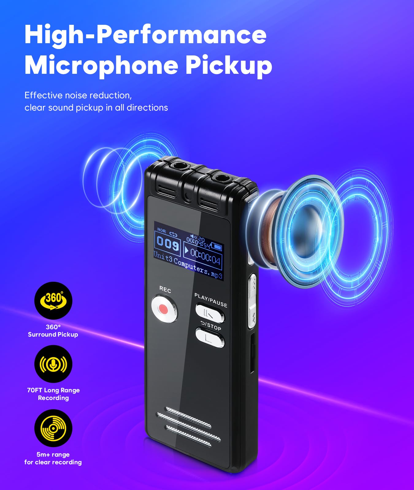 NekSide, registratore vocale da 128 GB, interfaccia di tipo C, registrazione one-touch, MP3, 3072 kbps, registratore vocale digitale, registratore vocale HD Dual MIC per conferenze, riunioni