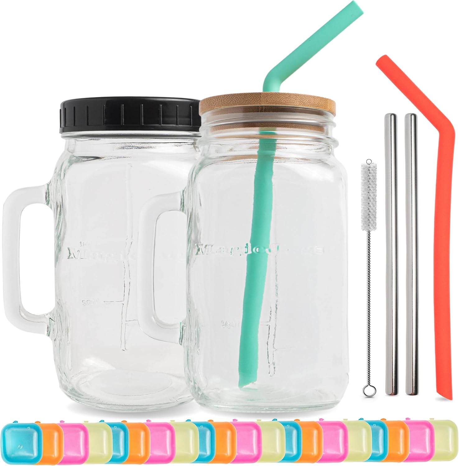 32 oz Wide Mouth Glass Drinking Jar with Handle | Iced Coffee Cup | Includes 2 Lids, 2 Silicone Straws, 2 Stainless Steel Straws, 20 Reusable Ice Cubes, Cleaning Brush & Recipe Book.