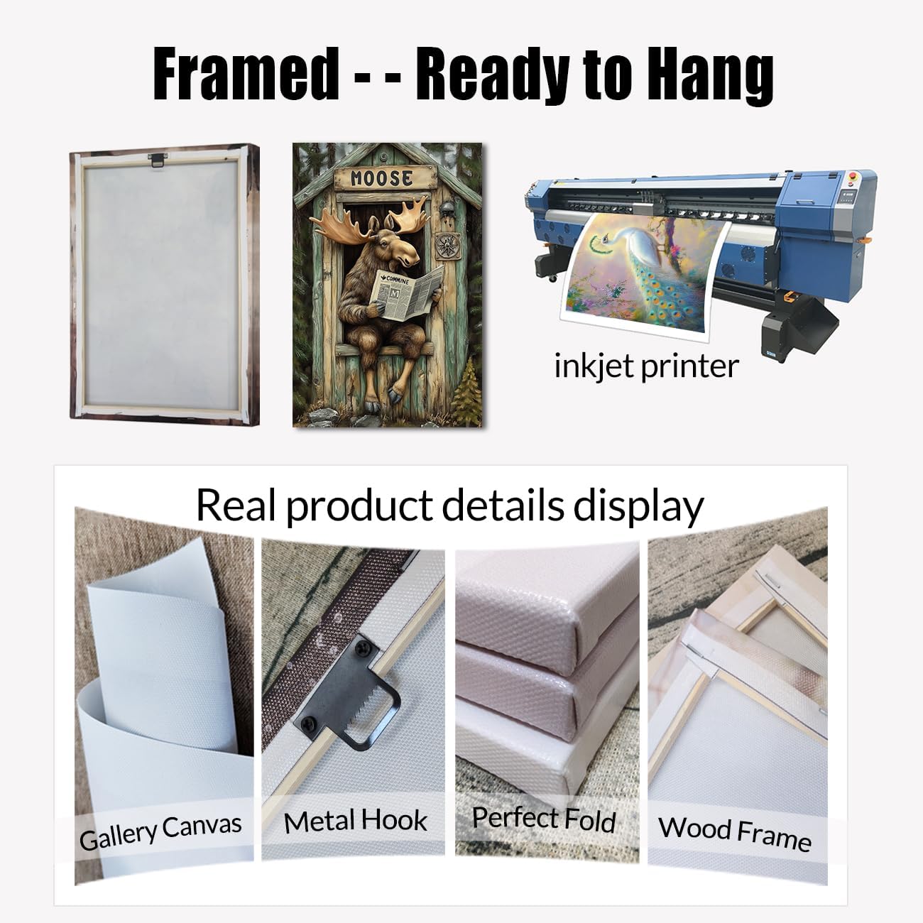 BJYCHG Moose Bathroom Wall Decor Rustic Moose In Outhouse Toilet Reading Newspaper Canvas Prints Forest Wildlife Picture Farmhouse Cabin Decor Framed (Brown, 20L x 16W)