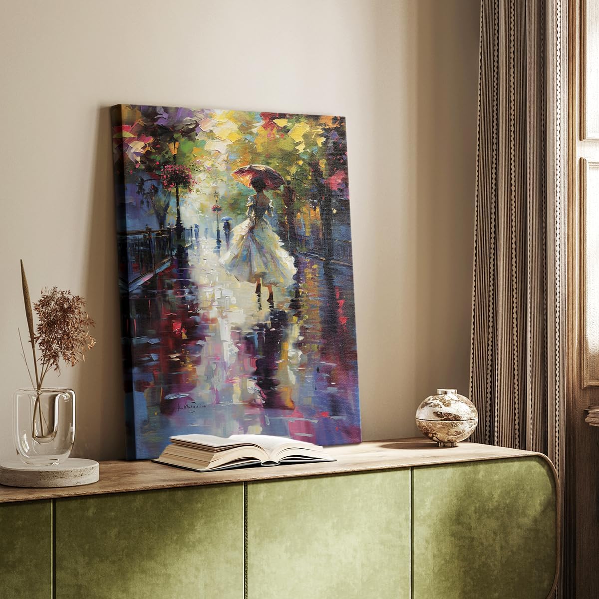 Renditions Gallery Abstract Pastel Paintings Illustrative White Dress Woman Roaming in Spring Canvas Wall Hangings for Bedroom Office Kitchen - 24" X 36" LT565