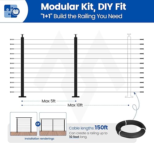 Miniatura 3 de Muzata Kit de barandilla de cable modular negro de 5 a 10 pies, kit de postes de 42 pulgadas, juego completo de sistema de barandilla de cable para