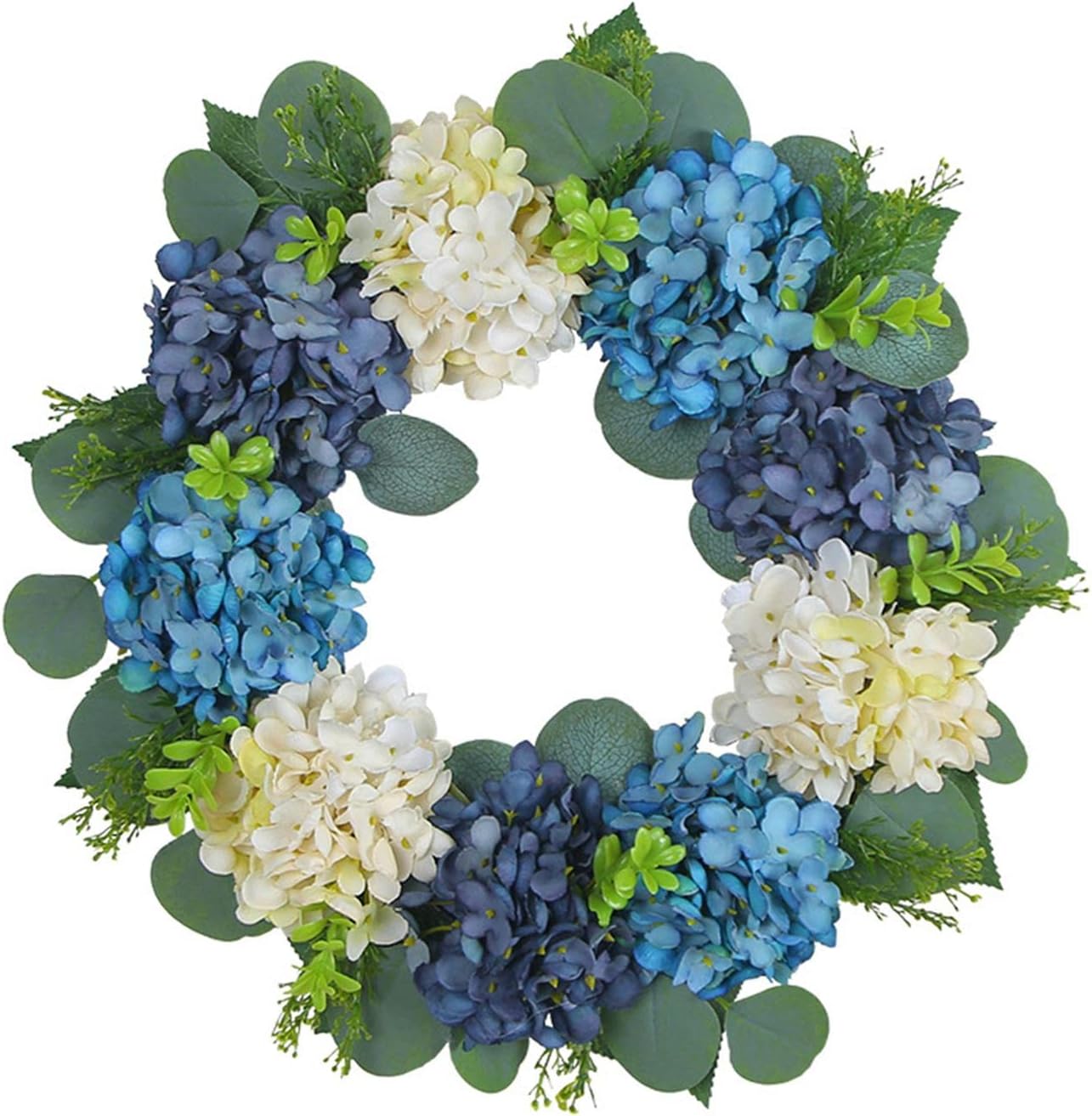 Hydrangea Wreath for Front Door, Flower Wreaths Floral Large 16" Blue White Hanging Spring Summer Wreaths Farmhouse Wreath