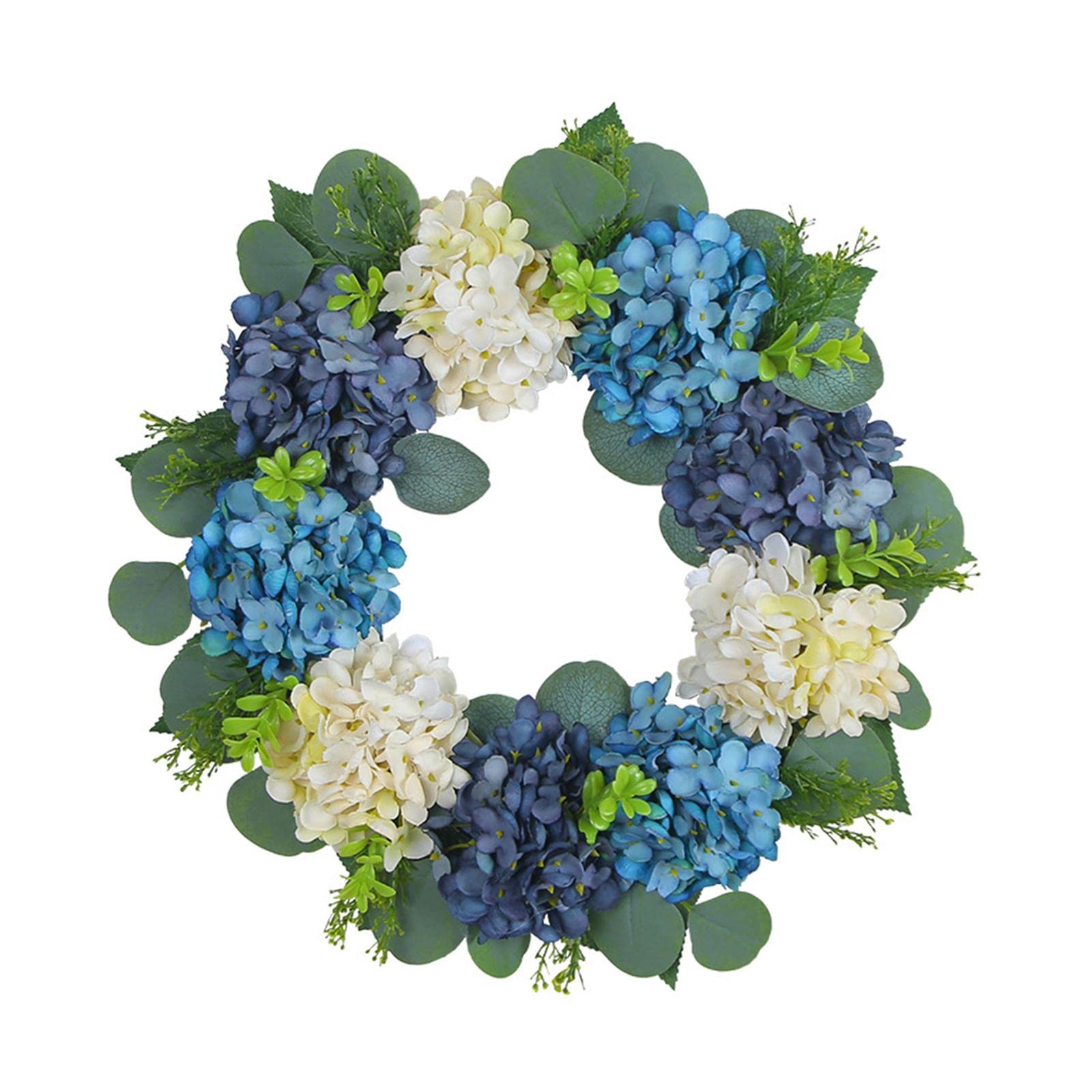 Hydrangea Wreath for Front Door, Flower Wreaths Floral Large 16" Blue White Hanging Spring Summer Wreaths Farmhouse Wreath
