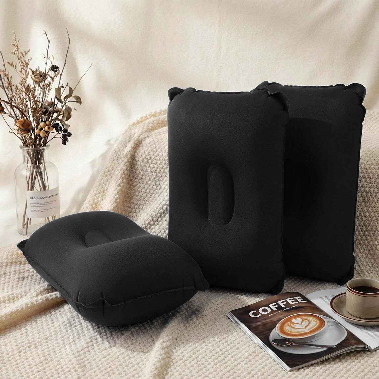 Geelin 20 Pack Inflatable Pillows for Camping Travel Beach Vacation Sand Squared Flocked Soft Fabric Backpacking Ultralight Pillows for Office Sleeping Neck Head Lumbar Support (Black)