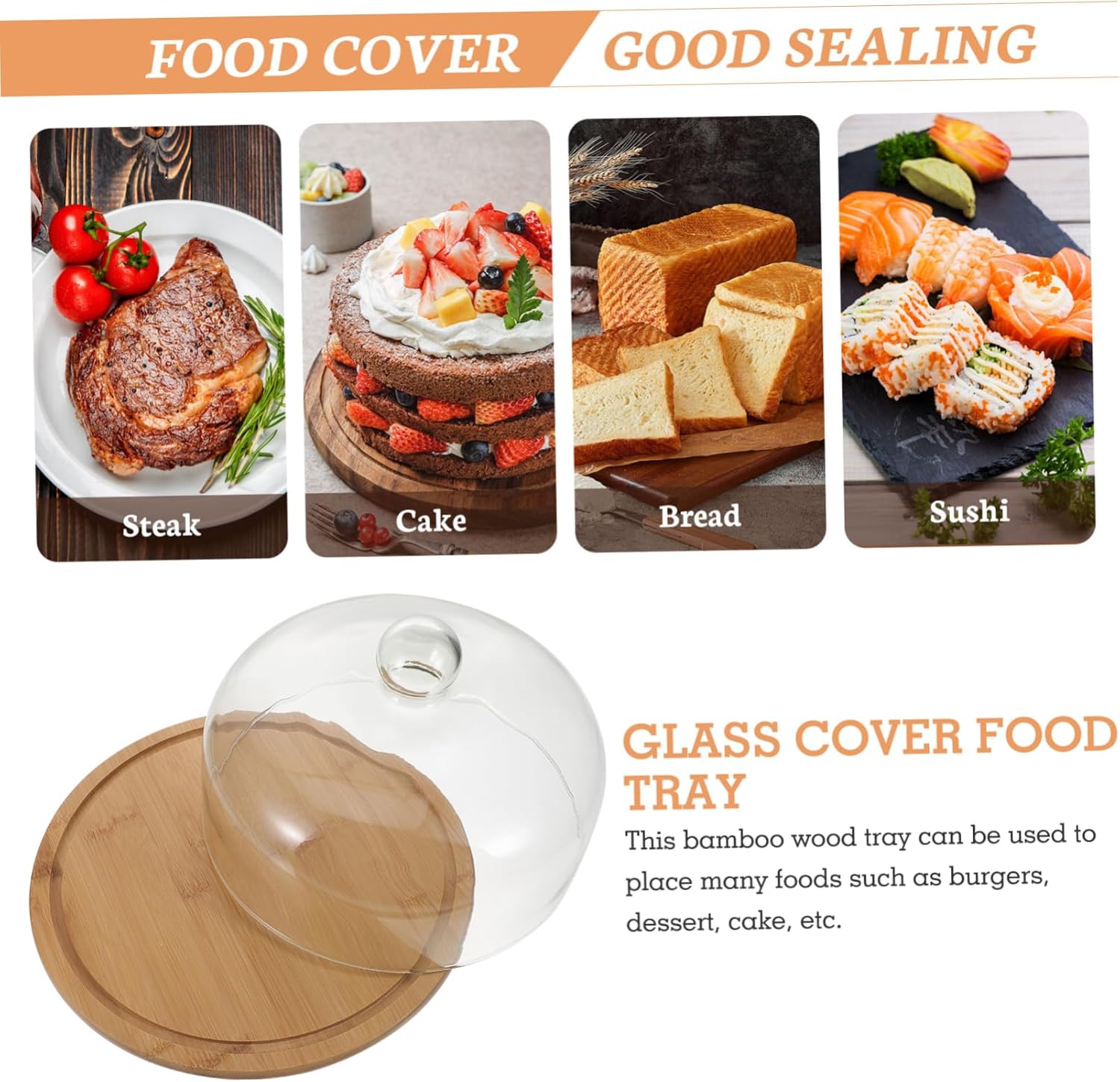 Ciieeo 1Set Creative Glass Food Cover with Wood Tray Cake for Kitchen Party Use for Cakes Pastries Bread Display