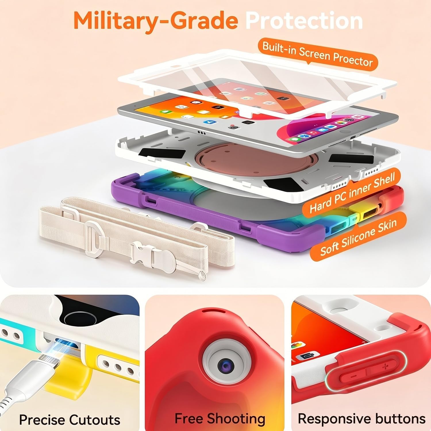 for iPad 10.2 Case 9th Generation 2021 / 8th Gen 2020 / 7th 2019,Shockproof Kids Case with Screen Protector,Rotating Stand/Pencil Holder/Shoulder Strap for iPad 10.2 Inch - Colourful Red