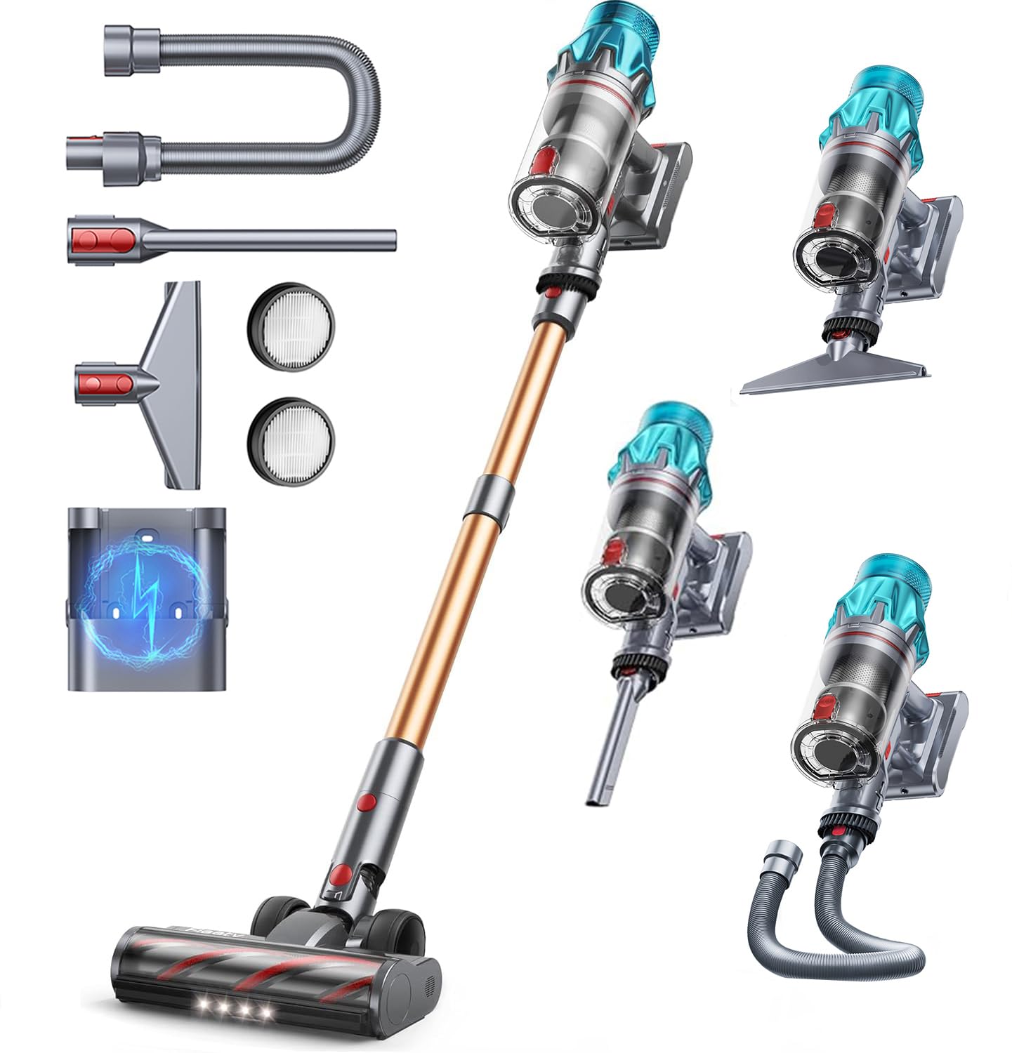 Fieety Akku Staubsauger Kabellos, 50kPa/600W Starkes Saugen, 65Min, 1.6L Beutellos - 8-in-1 Mit Anti-Haar-Wickel, Sofabürste & Ladestation, Ideal für Tierhaare, Teppiche, Hartböden, Auto