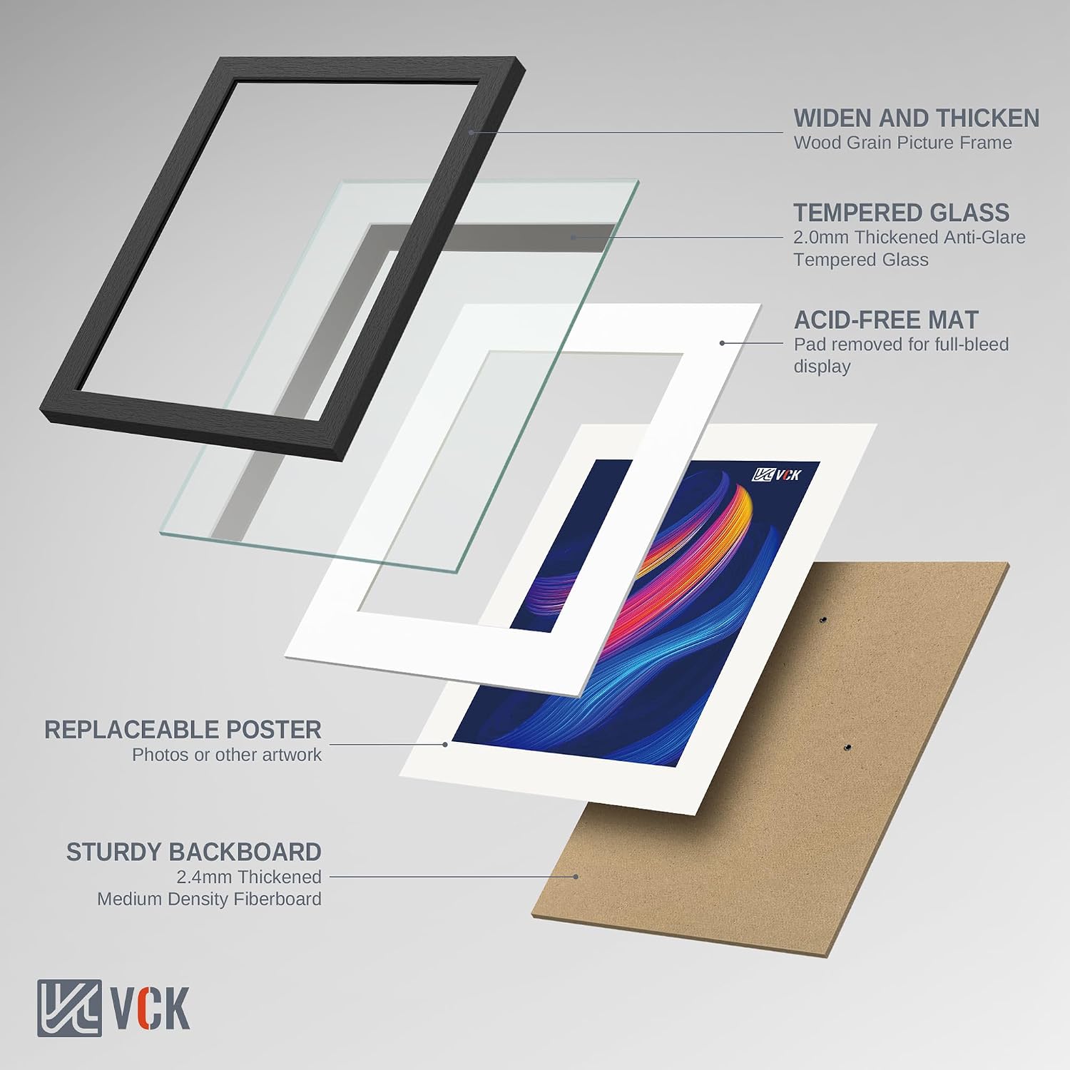 VCK 16x20 Frames Set of 6, Black Wood, 11x14 Mat, Glass, for Picture Poster image 4