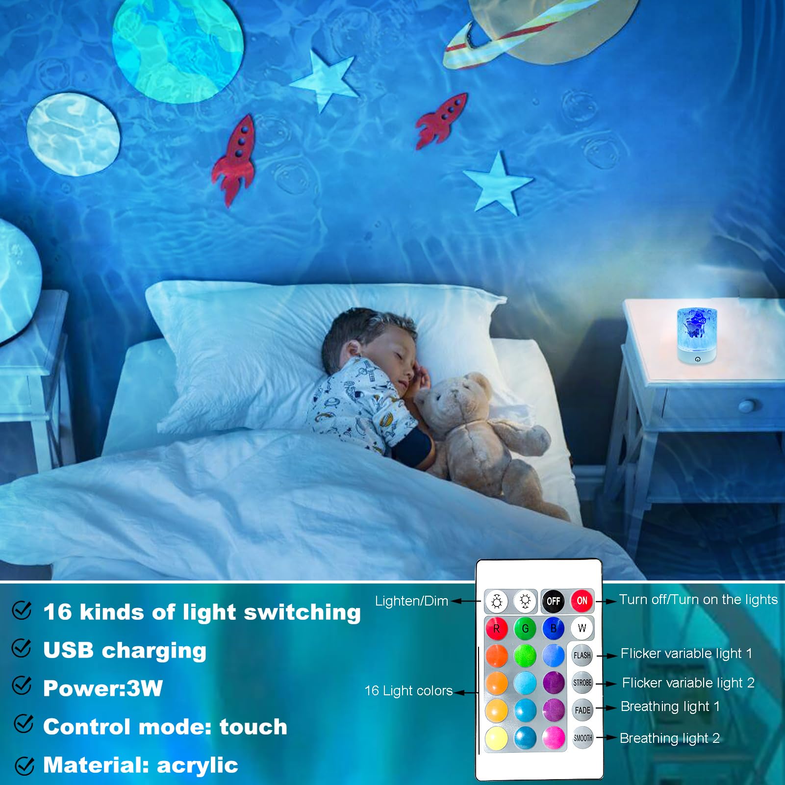 YXQUA Proiettore Da Soffitto Onde Oceaniche 16 Colori - Luce Ambientale Aurora Con Telecomando, A Batteria O USB