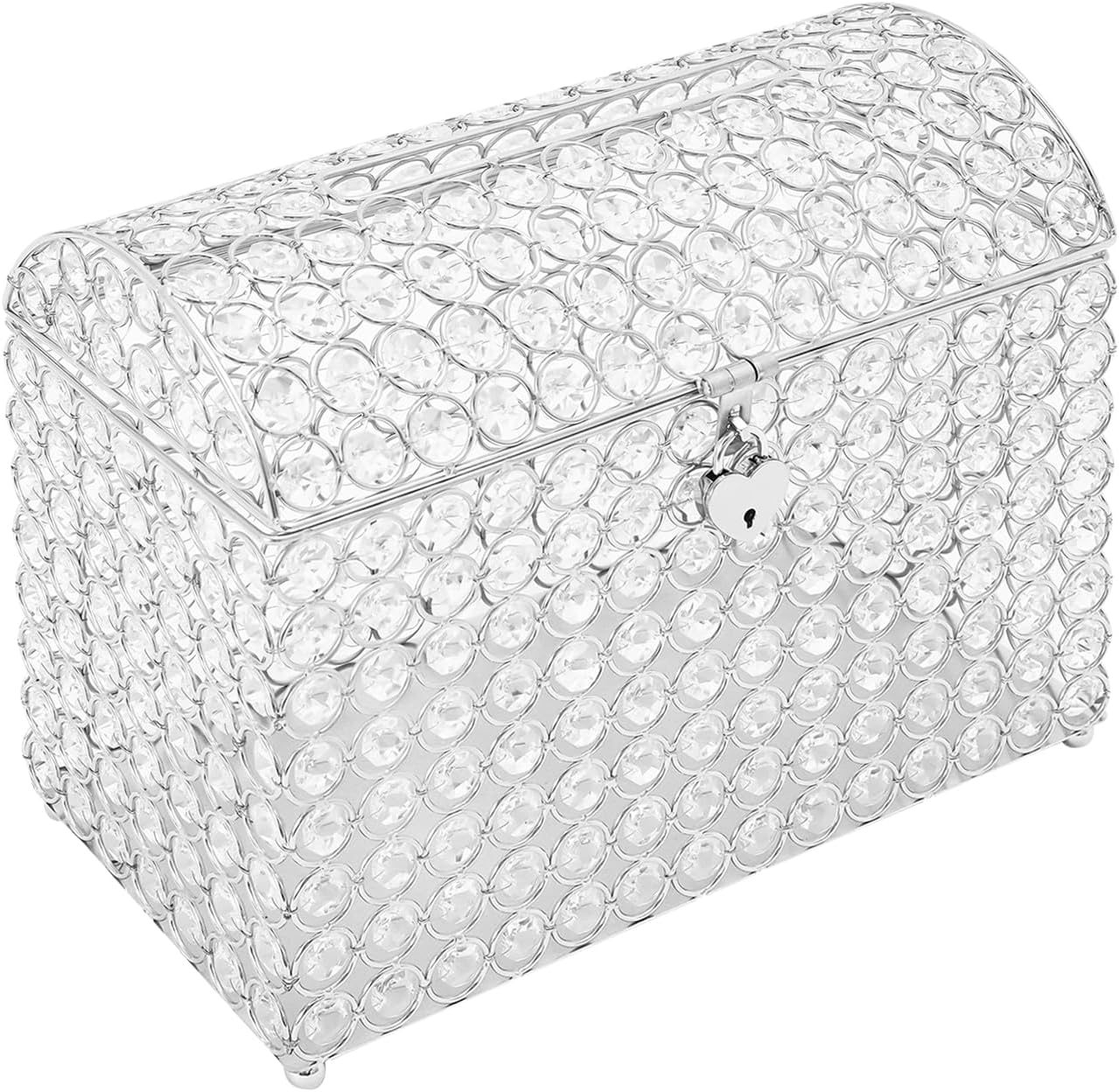 Crystal Wedding Card Box With Heart Lock, Crystal Money Card Box Treasure Chest Style, Bead Card Receiving Memory Storage for Wedding Receptions, Centerpiece Decor, Anniversary (Silver)