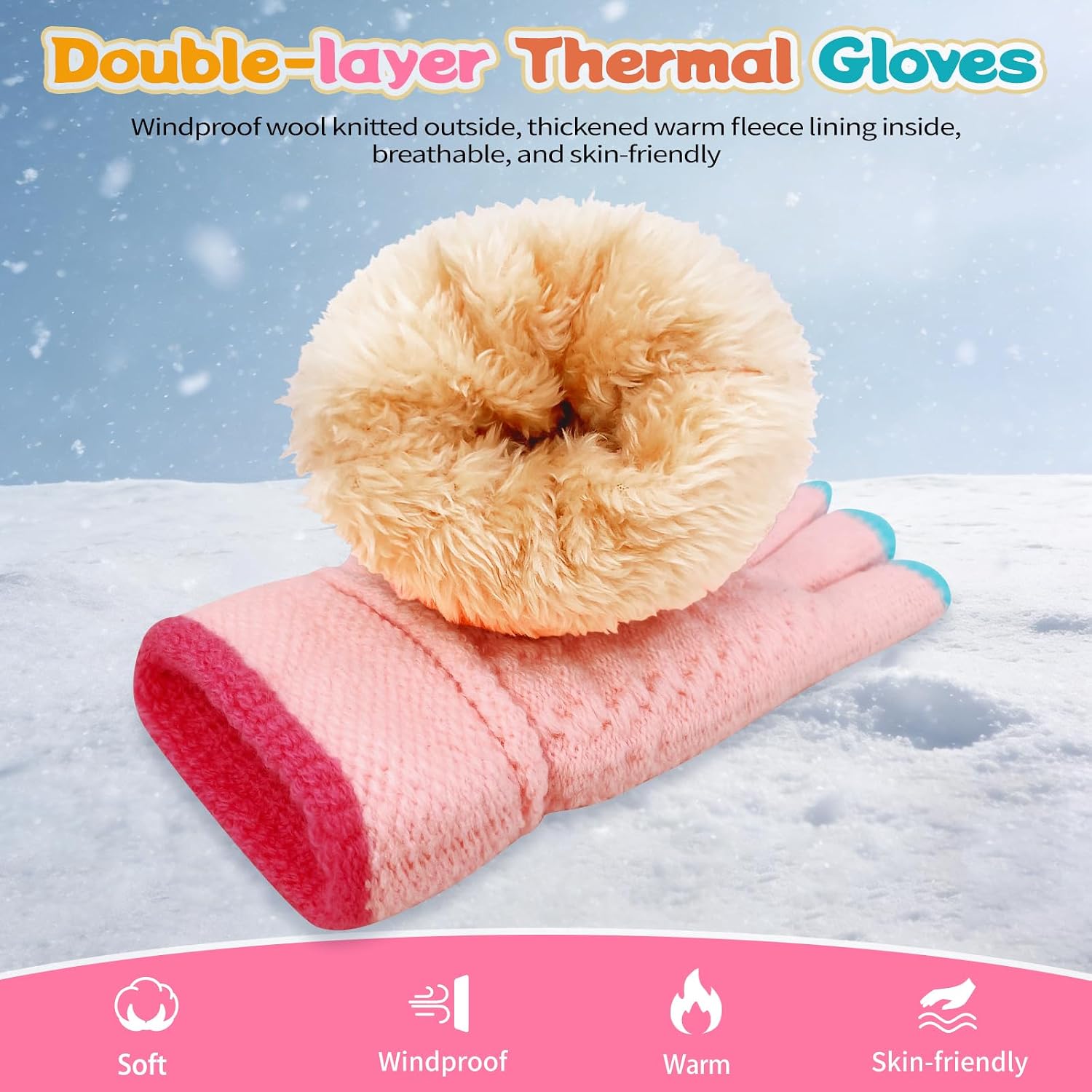 2 Pairs Kids Winter Gloves Warm Fleece Thermal Knit Full Finger Snow Cold Weather Gloves Gift for Boy Girls Age 3-8