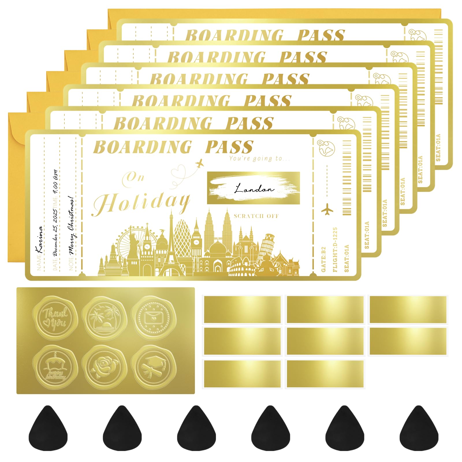 6 Pieces Boarding Pass Gift Ticket, Golden Flight Ticket Scratch-off Card with Envelope, Unique Plane Ticket Gift, Scratch & Reveal Surprise Airplane ticket for Vacation, Trip, Birthday, Girlfriends