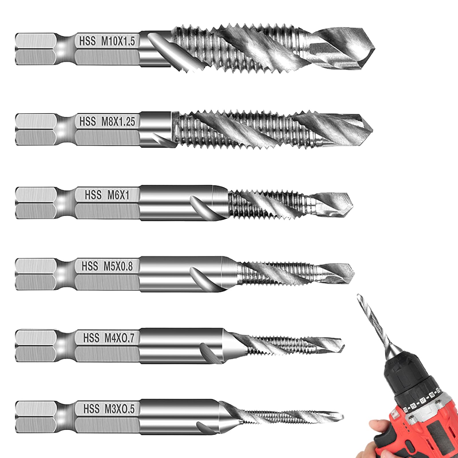 Juego de 6 brocas combinadas, juego de brocas M3, M4, M5, M6, M8, M10, HSS, titanio, rosca métrica, machos de roscar para metal, madera y plástico, para cortar machos de rosca de máquina