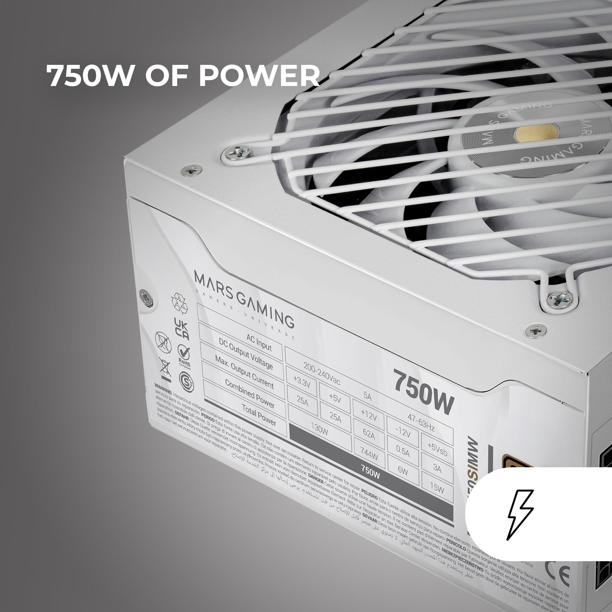 MARS GAMING MPB750SIM, W pełni modularny zasilacz ATX 750W, 7 lat gwarancji, 80Plus Bronze 230V EU, 90% efektywności, wentylator SI Extreme Silence 140mm, technologie AI2-RPM, DC-DC i SMD, Biały