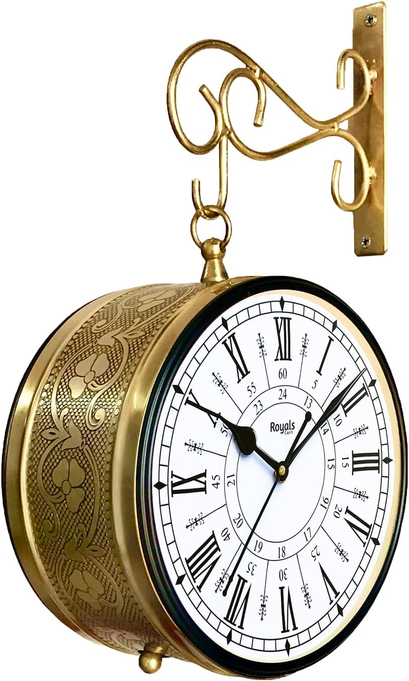 Double Sided Metal Vintage Station Analog Hanging Wall Clock for Home and Living Room with Antique Golden and 24 Hours Dials on Both Sides [KTWCGR8]