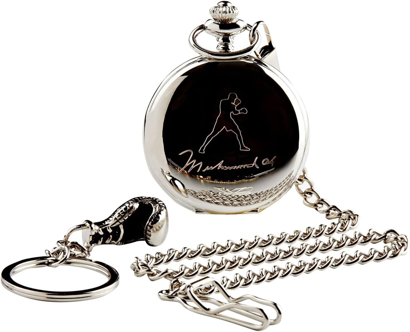 Mike Tyson Pocket Watch Silver Plated Signed Autographed and Boxing Glove Keyring Keychain in Wooden Gift Case Collectors for Boxing Fans