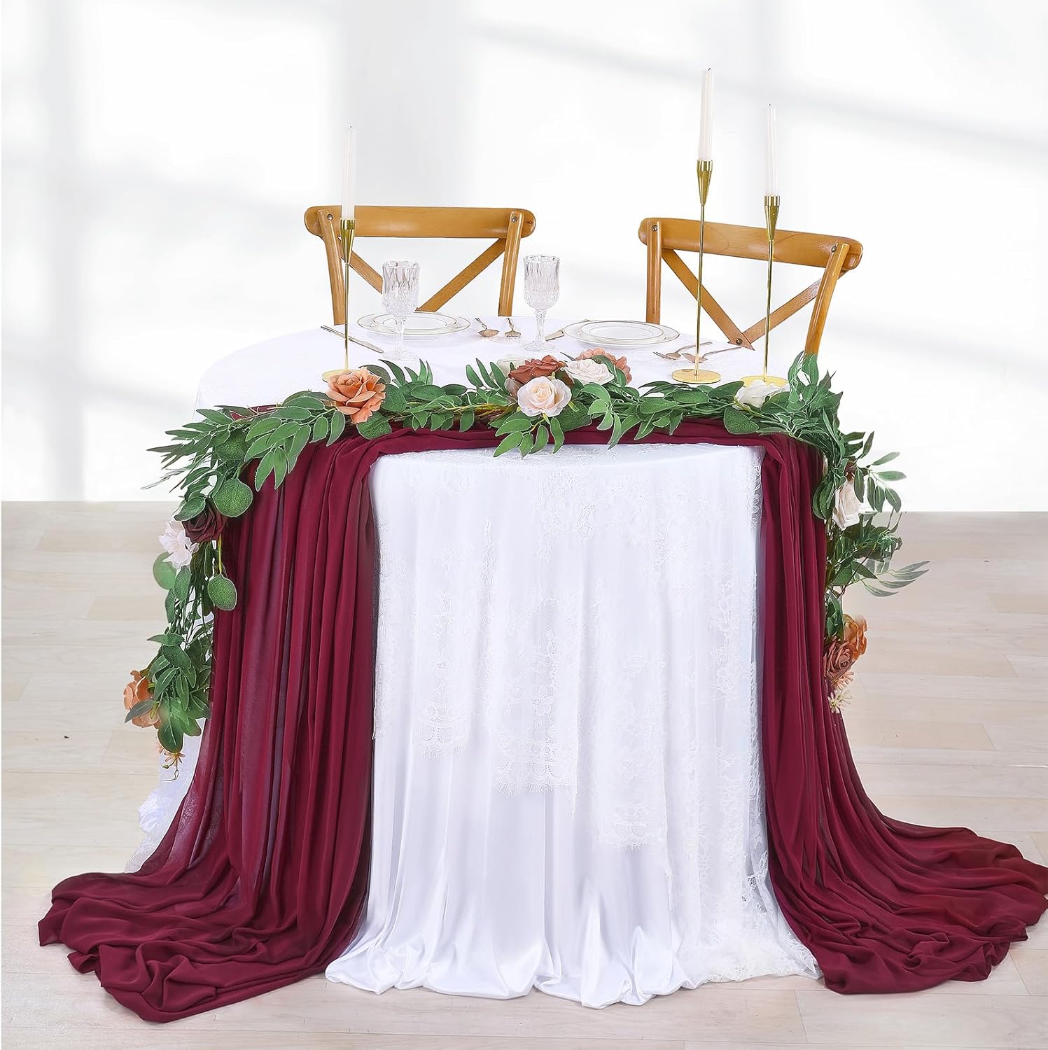 QueenDream 5 Pieces 10Ft Wedding Table Runner Burgundy Chiffon Table Runners Sheer Wedding Arch Overlay Fabric for Birthday Bridal Party Decorations